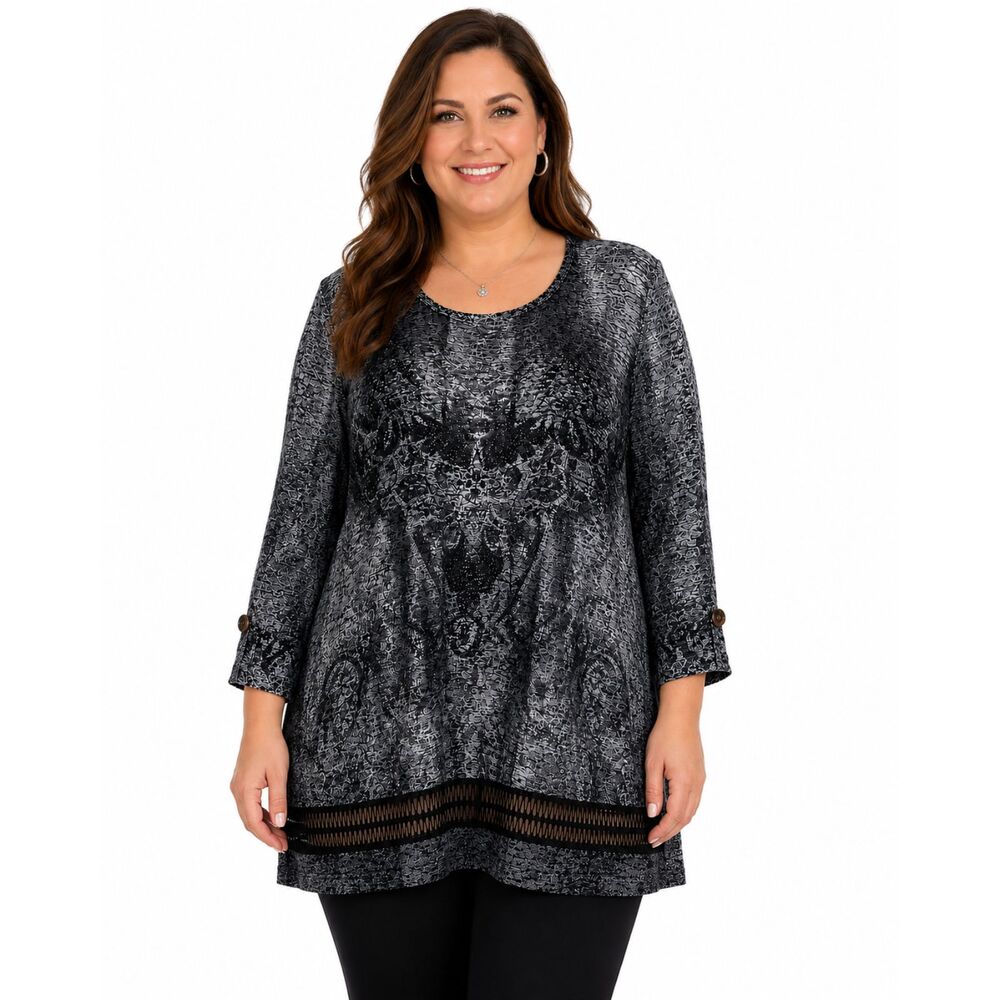 World Unity Woman 2X Black Gray Black Lace Trim Loose Knit Pullover Sweater